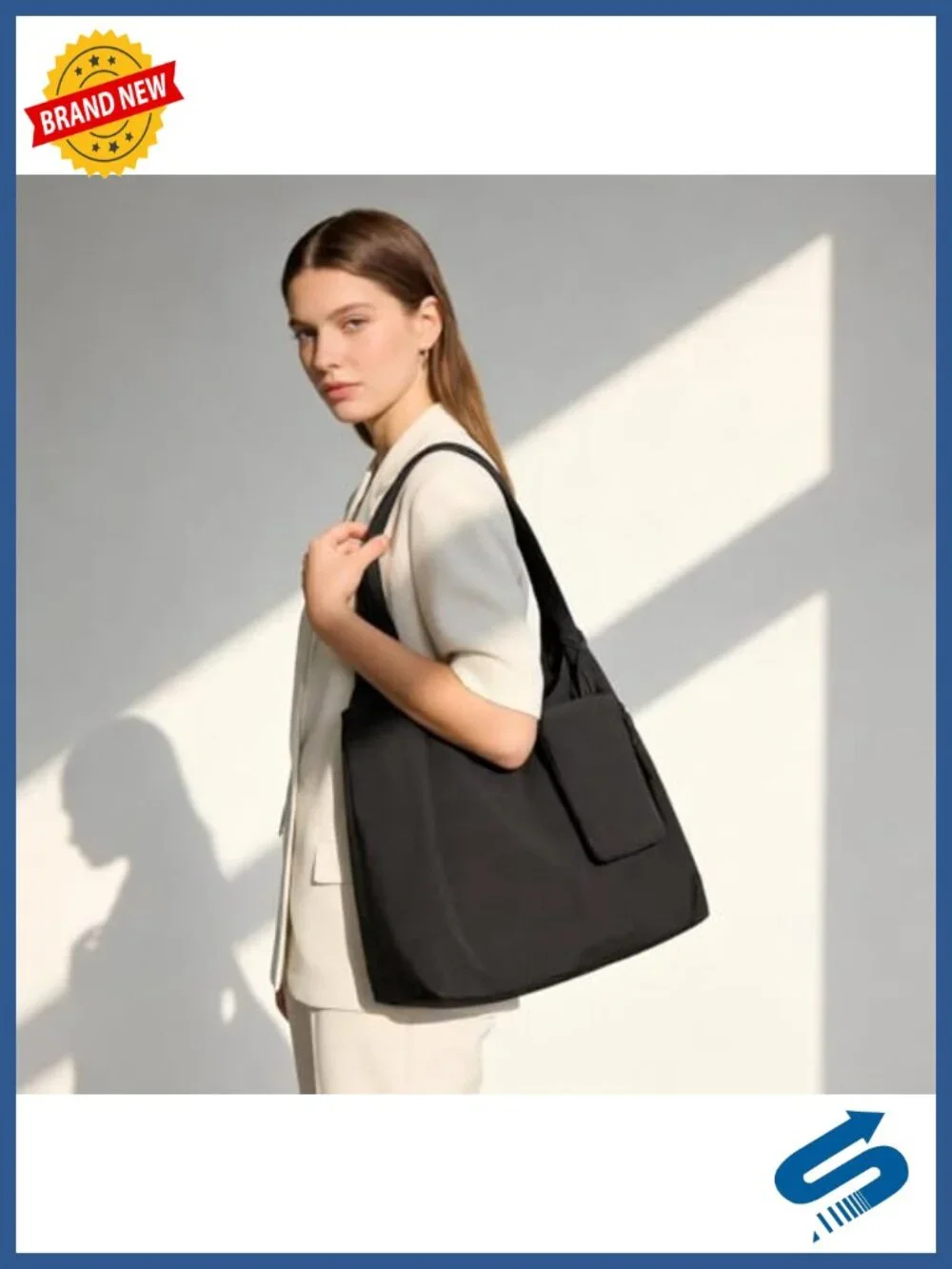 Nylon Tote Bag with Zipper - Medium Lightweight Soft Slouchy Hobo Shoulder
